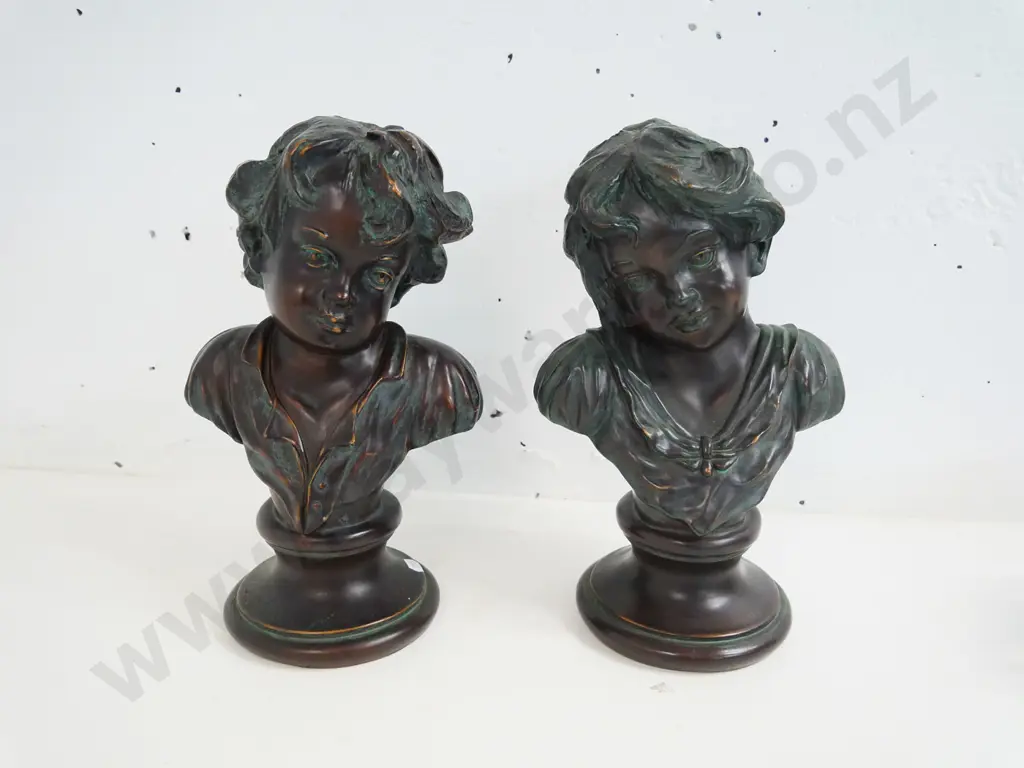 pair of bronze-finish composite busts - boy & girl, each H-320 Image 1++