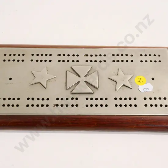 cribbage board with inset metal designs on top, 4 bone markers L-250 W-120