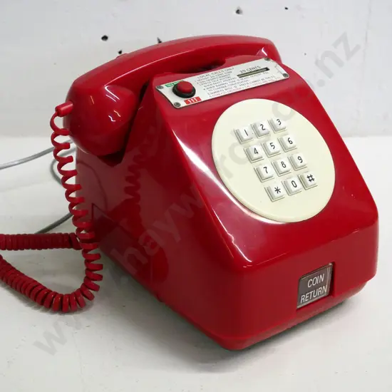 retro push-button red public coin-operated telephone, modern plug & cable H-210 W-230 D-230