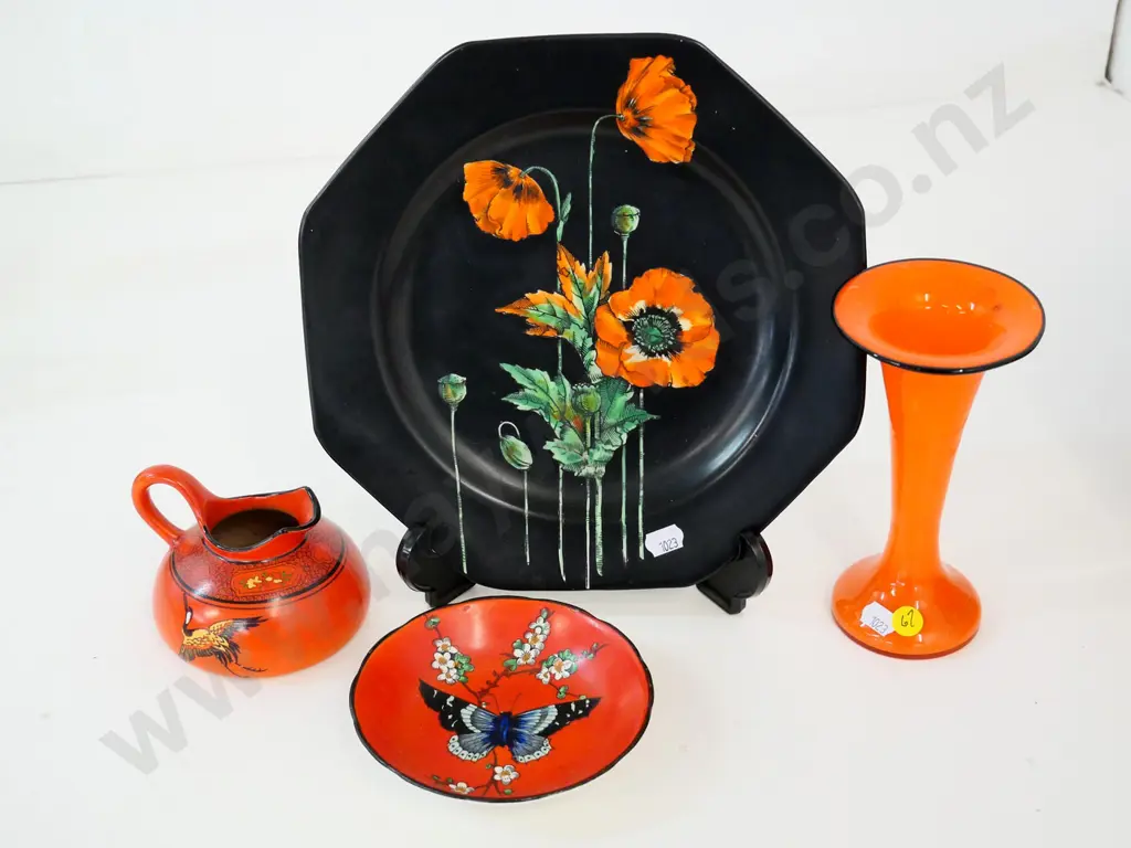 Shelley jug, Tunstall small bowl, Crown Ducal octagonal plate 250x250, and an orange glass vase Image 1++