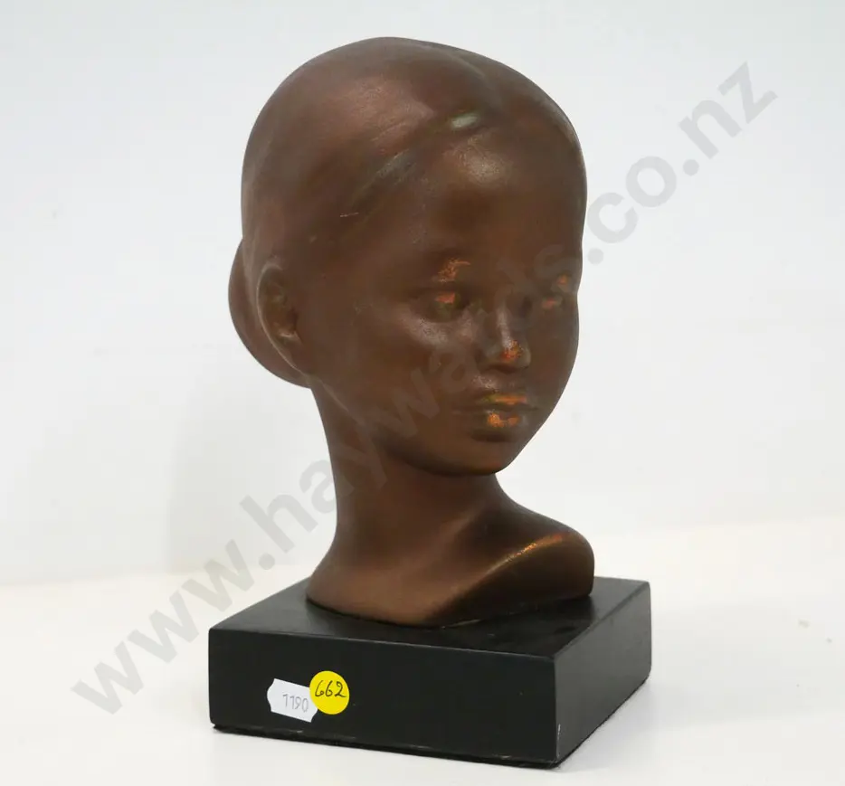composite or china bronze finish girl's head on painted wooden base H-240 Image 1++