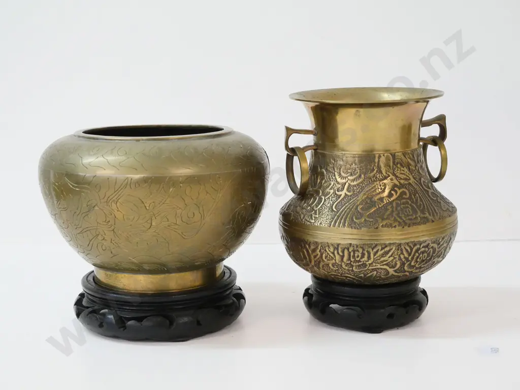 2 brass vases on carved wood stands - one made in China, taller one made in Korea H-150 Image 1++