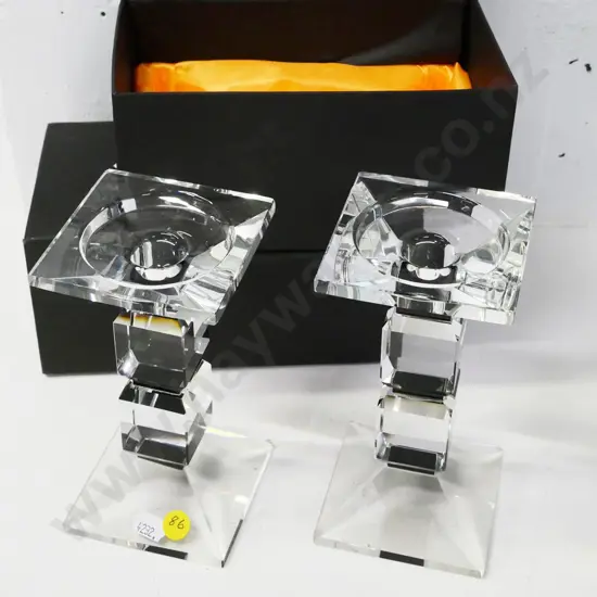 pair of faceted crystal candlesticks with fitted boxes, no maker's marks H-160