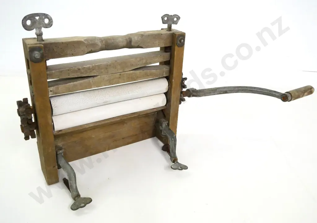 vintage timber-framed laundry wringer with clamp mounts, one missing cap - some borer, rubber deteriorating H390 W750 Image 1++