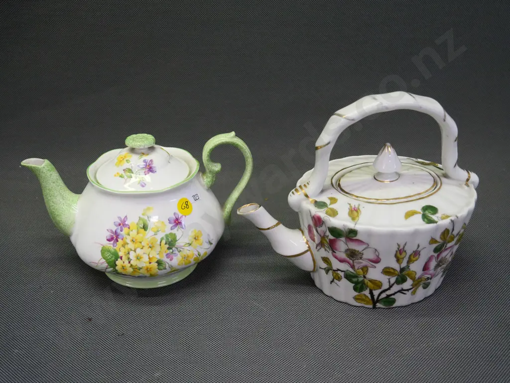 2 teapots - Royal Albert Primulette and an unmarked Victorian dog roses and gold Image 1++