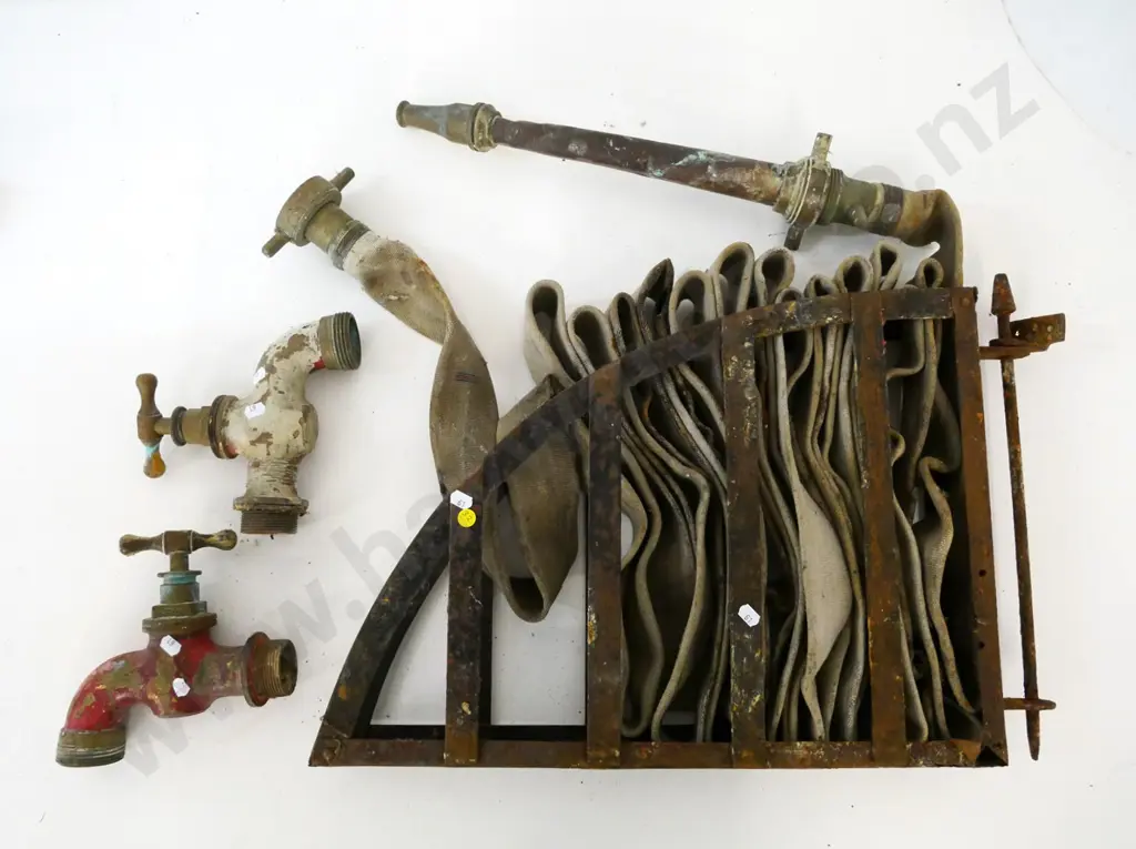 vintage fire hose on hinged frame and 2 heavy duty taps - frame H-400 W-540 Image 1++