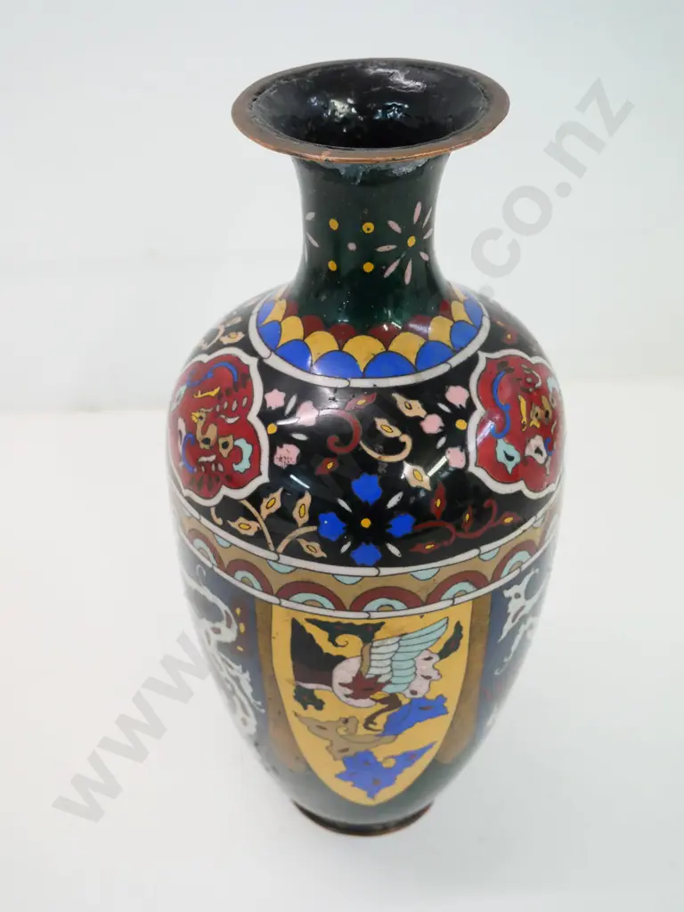antique oriental cloisonne vase with copper body and base trim - several patched spots of damage H-310 Image 1++