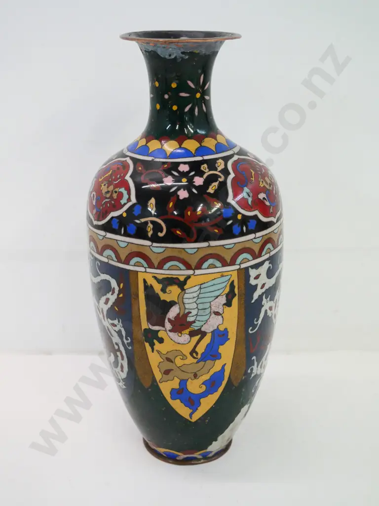 antique oriental cloisonne vase with copper body and base trim - several patched spots of damage H-310 Image 1++