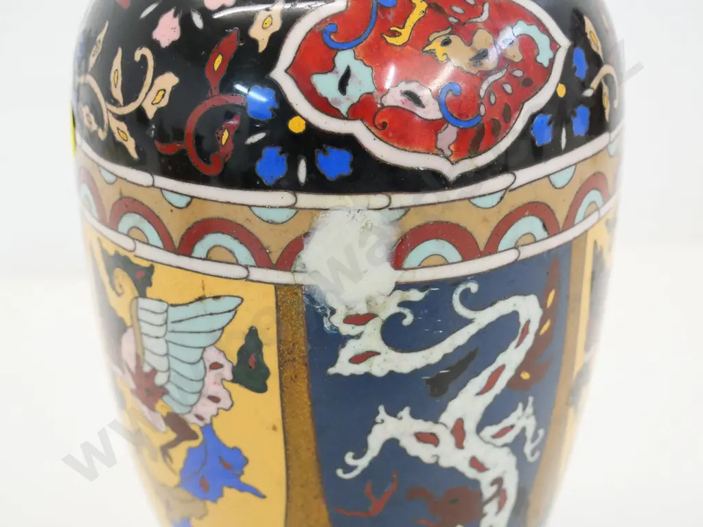 antique oriental cloisonne vase with copper body and base trim - several patched spots of damage H-310 Image 1++