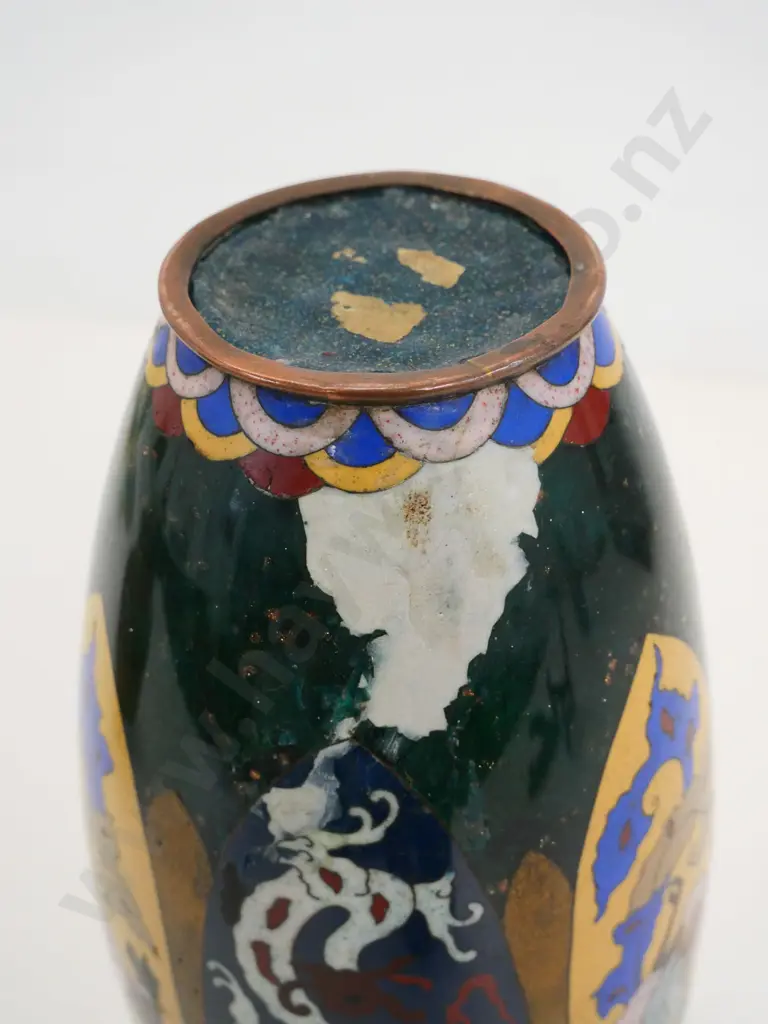 antique oriental cloisonne vase with copper body and base trim - several patched spots of damage H-310 Image 1++