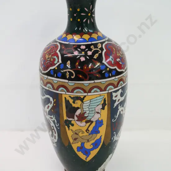 antique oriental cloisonne vase with copper body and base trim - several patched spots of damage H-310