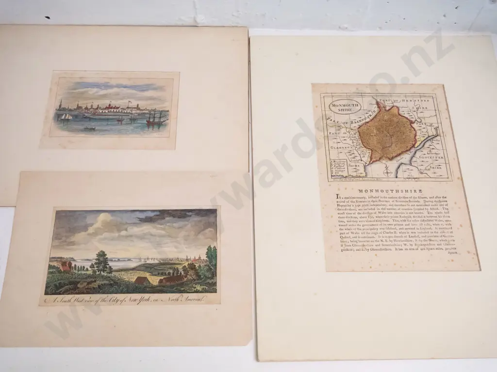 3 antique hand-coloured prints - city of New York, unidentified (New York?) & Monmouth Shire H-240 W-160 - foxing to all Image 1++