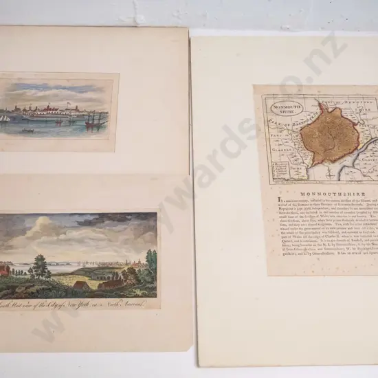 3 antique hand-coloured prints - city of New York, unidentified (New York?) & Monmouth Shire H-240 W-160 - foxing to all