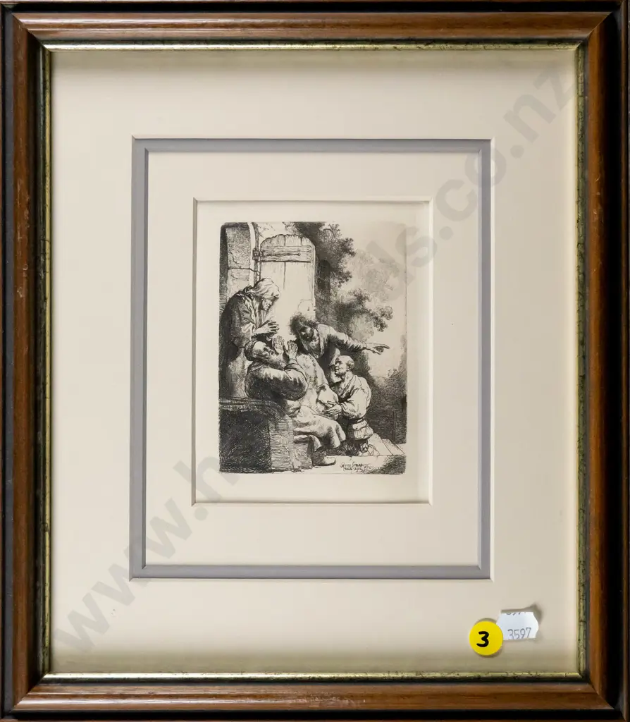 framed reproduction etching - people at door H-100 W-80 Image 1++