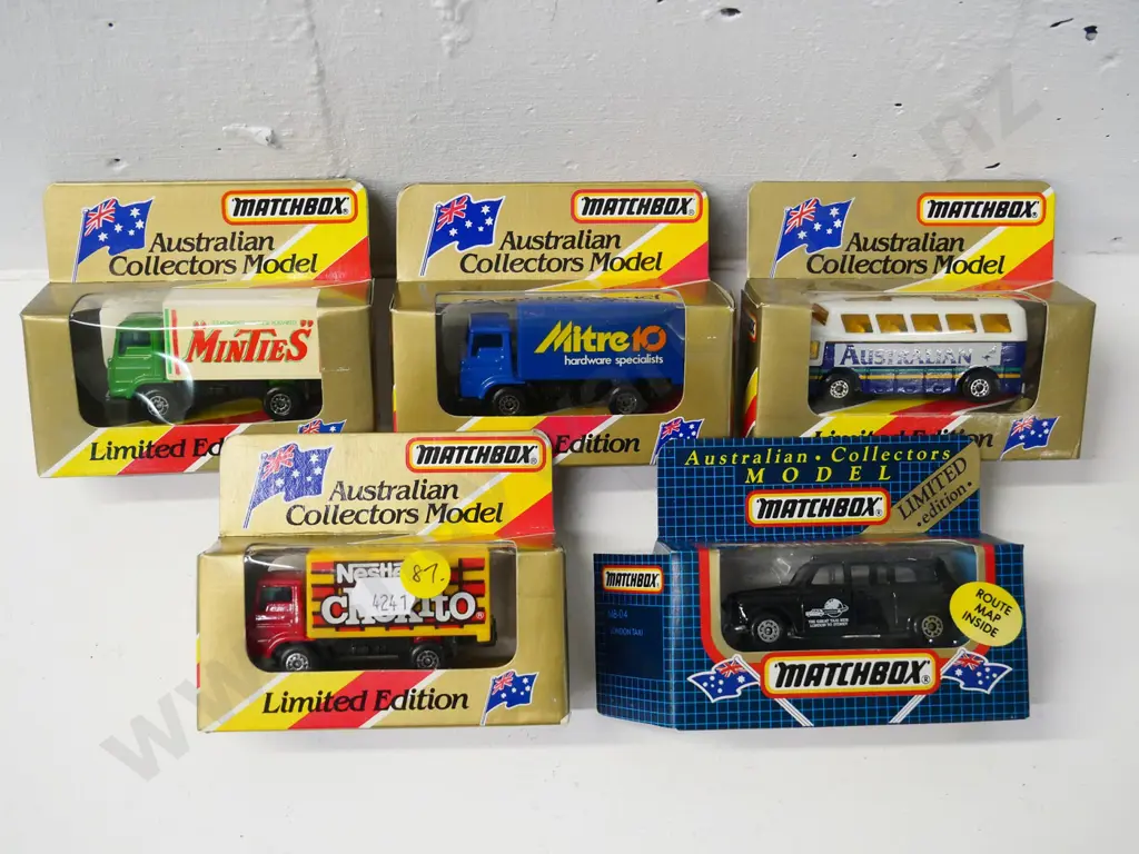 5 boxed Matchbox Australian Collector's limited edition die cast vehicles - delivery trucks, bus, taxi cab Image 1++