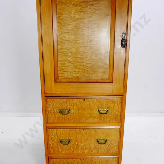 kauri chest w/cupboard, 3 drawers w/mottled veneer fronts, metal handles, split to top, borer in drawers
