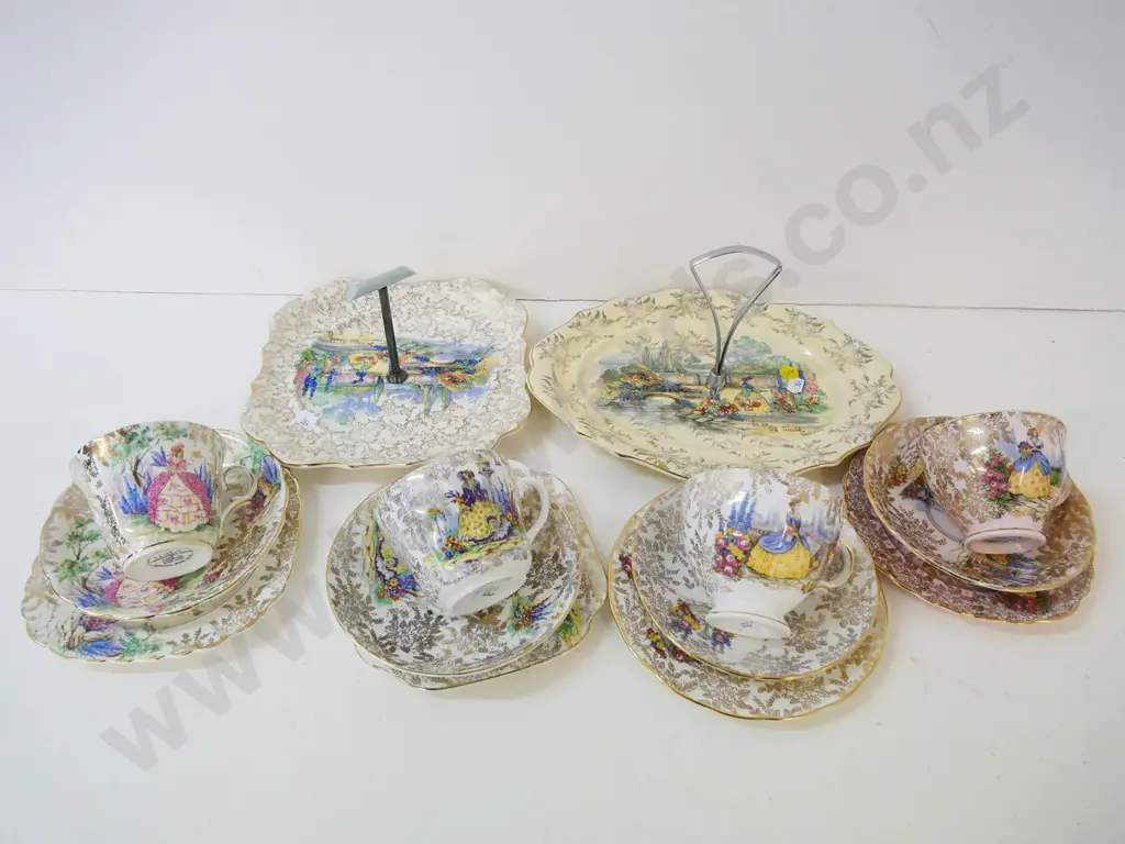 crinoline lady items - 4 trios (3 Colclough, 1 Queen Anne) and 2 handled cake plates - Lancaster & Sandland Image 1++