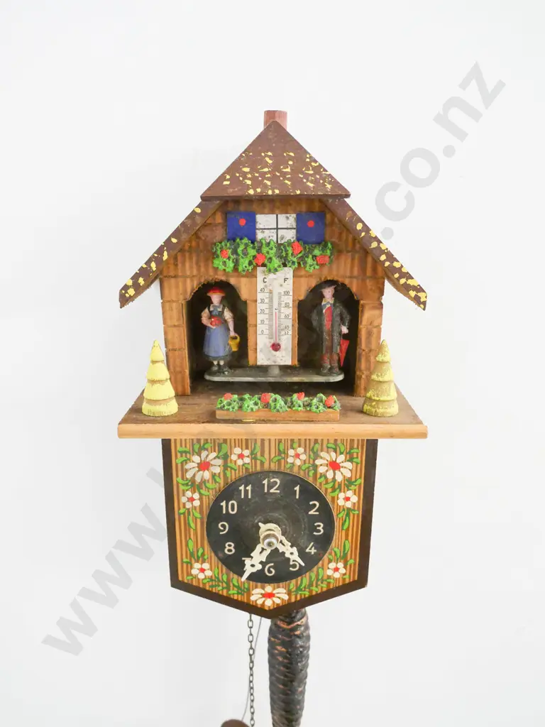 hand painted wood-cased cuckoo clock with thermometer, single weight Case H-240 W-130 Image 1++