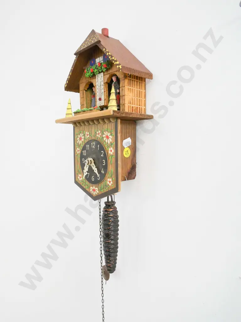 hand painted wood-cased cuckoo clock with thermometer, single weight Case H-240 W-130 Image 1++