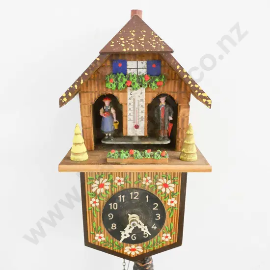 hand painted wood-cased cuckoo clock with thermometer, single weight Case H-240 W-130