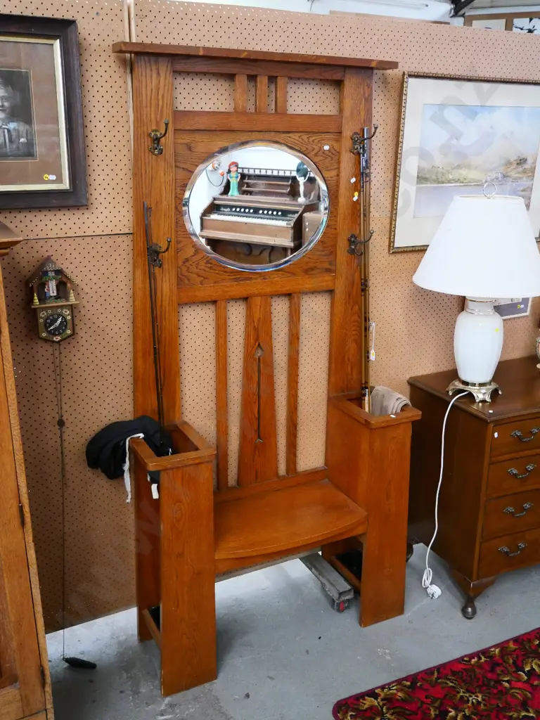 deco solid oak hall stand & seat w/umbrella tray, oval bevelled mirror, 4 brass coathooks, some borer in back H1870 W930 Image 1++