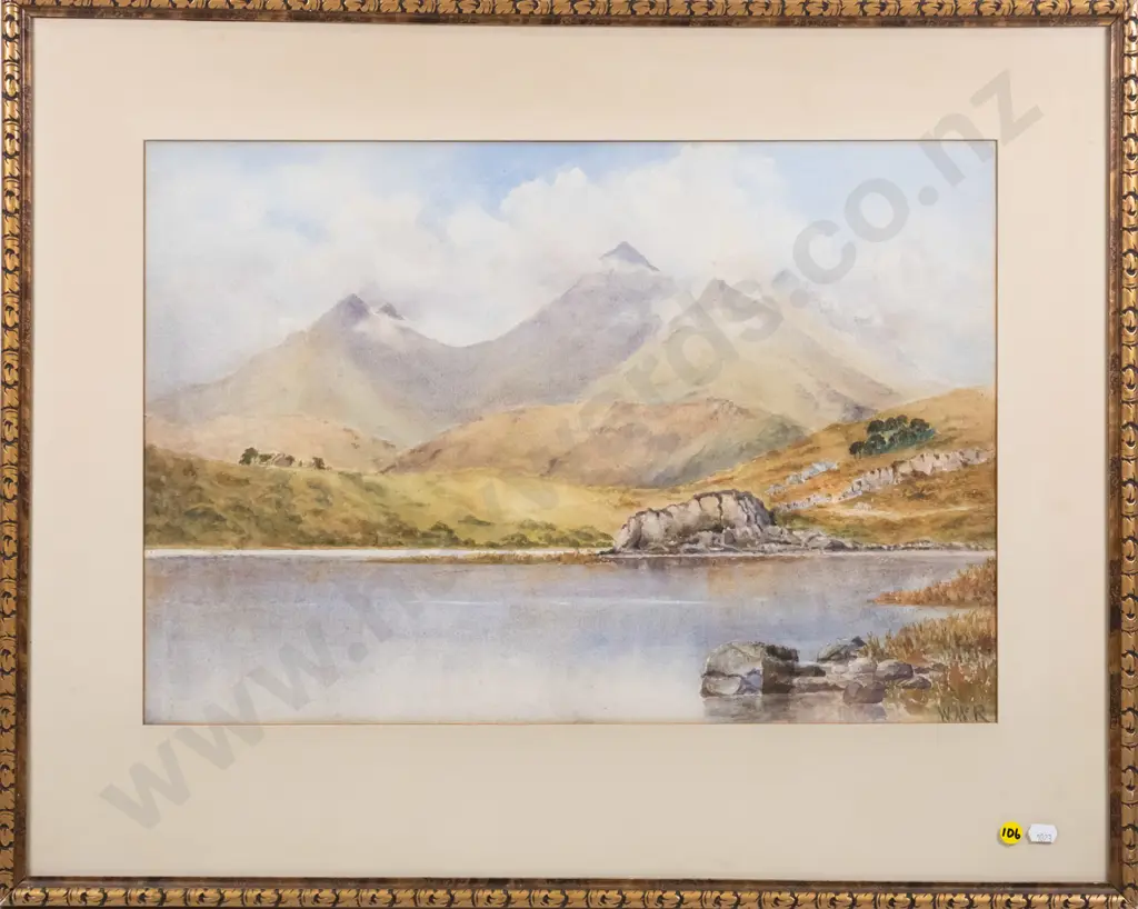 W Mc R - framed watercolour - lake and mountain scene H-370 W-540 Image 1++