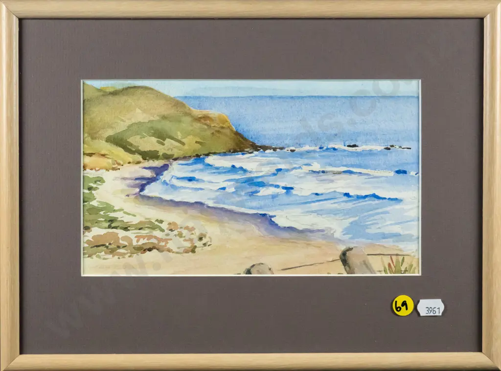 Keren Fulton - framed watercolour - Sandfly Bay H-130 W-220 Image 1++