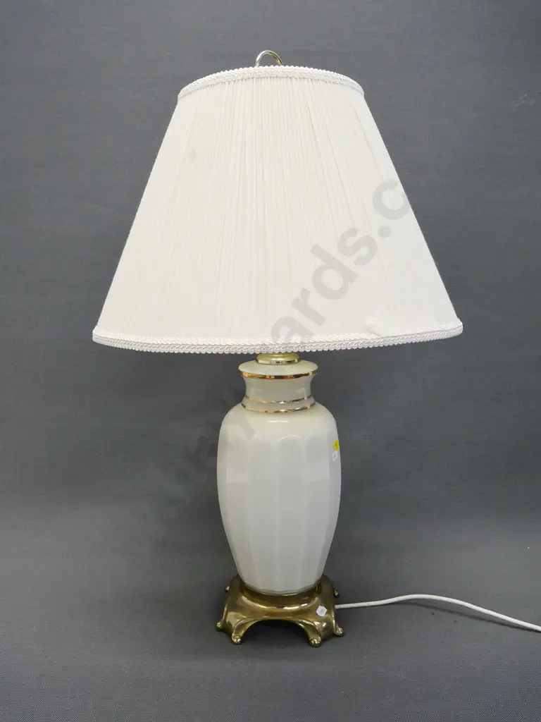 milk glass and brass table lamp - some wear to pleated shade H-730 Shade diameter 440 Image 1++