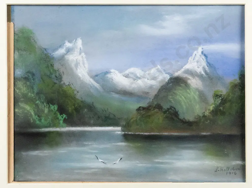 L Hollobon 1916 - framed watercolour - lake and mountain scene H-145 W-195 Image 1++