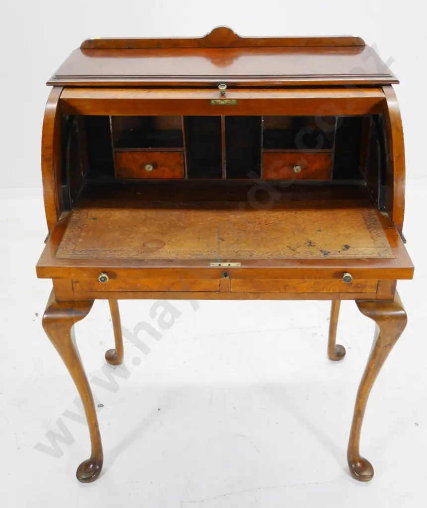 vintage walnut & burr veneer writing bureau with drum shape top, leather topped slide, 2 drawers H-1060 W-750 D-510 Image 1++