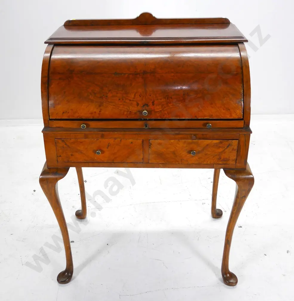 vintage walnut & burr veneer writing bureau with drum shape top, leather topped slide, 2 drawers H-1060 W-750 D-510 Image 1++
