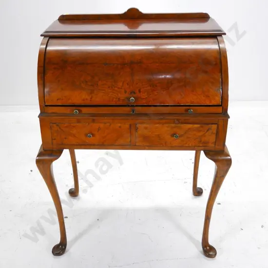 vintage walnut & burr veneer writing bureau with drum shape top, leather topped slide, 2 drawers H-1060 W-750 D-510