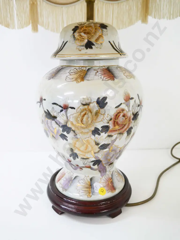Chinese porcelain floral table lamp on wooden base, waisted shade w/tasseled trim. NOTE has English plug. H-570 Shade Image 1++