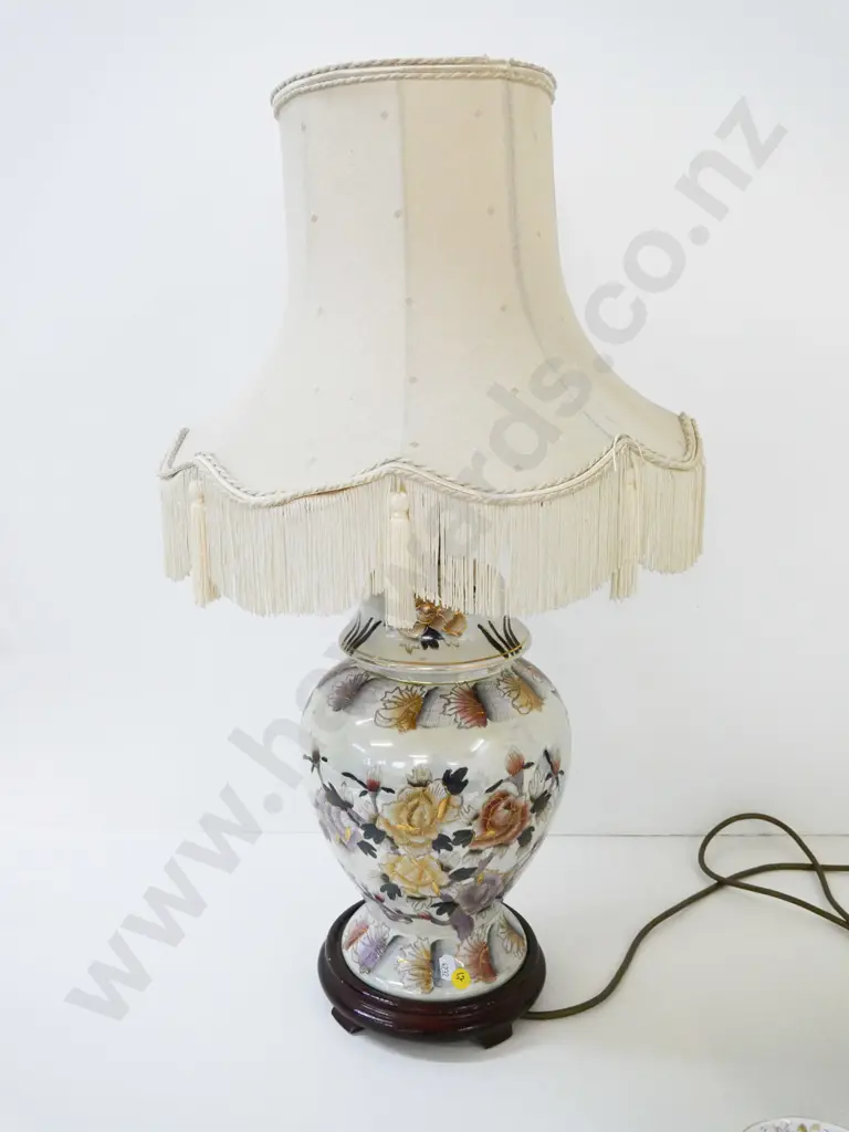 Chinese porcelain floral table lamp on wooden base, waisted shade w/tasseled trim. NOTE has English plug. H-570 Shade Image 1++