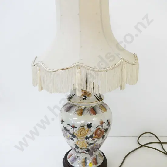 Chinese porcelain floral table lamp on wooden base, waisted shade w/tasseled trim. NOTE has English plug. H-570 Shade