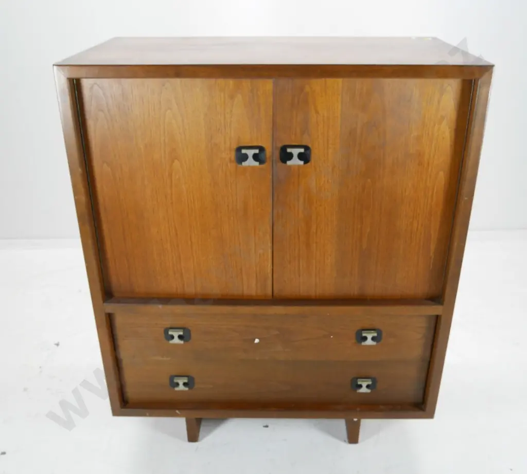 mid-century Scandinavian teak chest w/2 lower & 5 internal drawers, metal drop handles, wear to veneer on top Image 1++