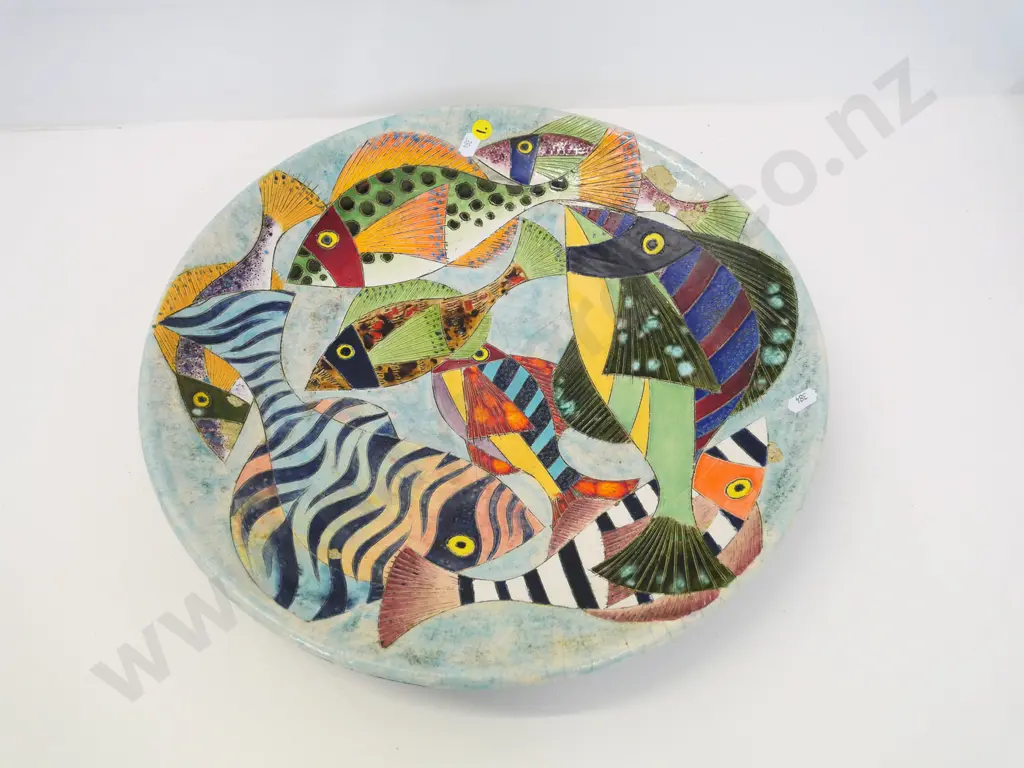 Zeke Wolf studio pottery fish pattern bowl marked ZW '93 - some glaze loss & crazing Diameter 400 Image 1++