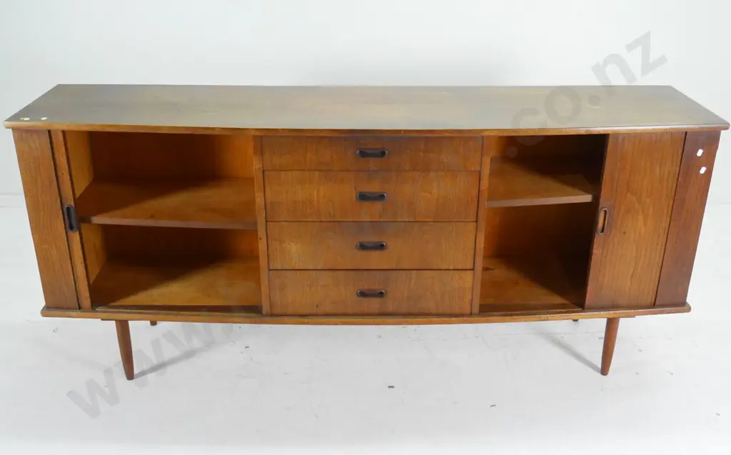 mid-century oak veneer sideboard with 4 drawers, 2 tambour doors, some wear and missing veneer H-790 W-1840 D-460 Image 1++