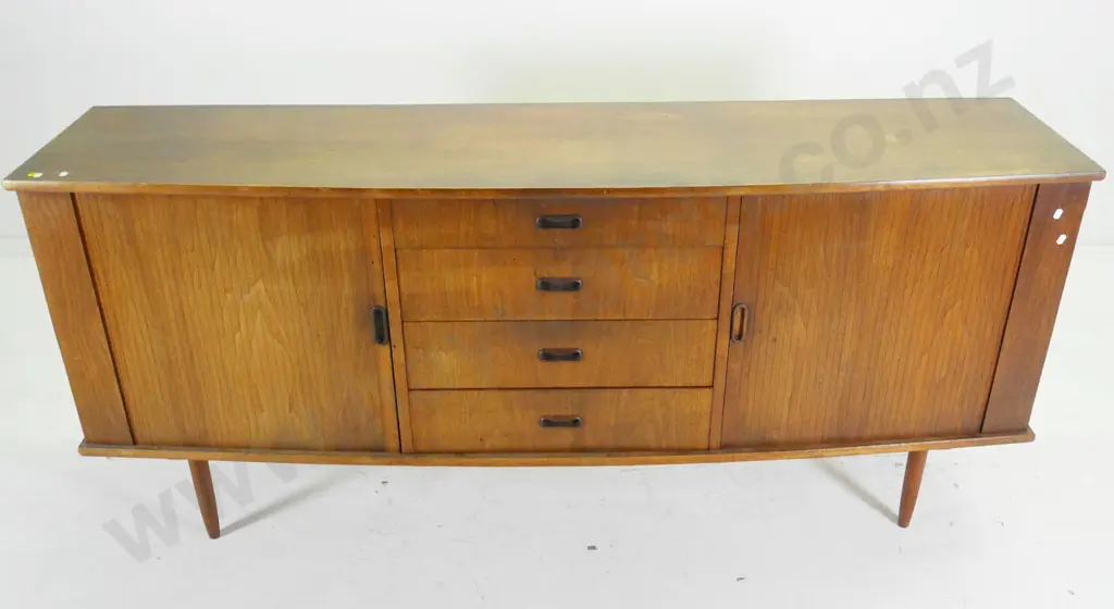mid-century oak veneer sideboard with 4 drawers, 2 tambour doors, some wear and missing veneer H-790 W-1840 D-460 Image 1++