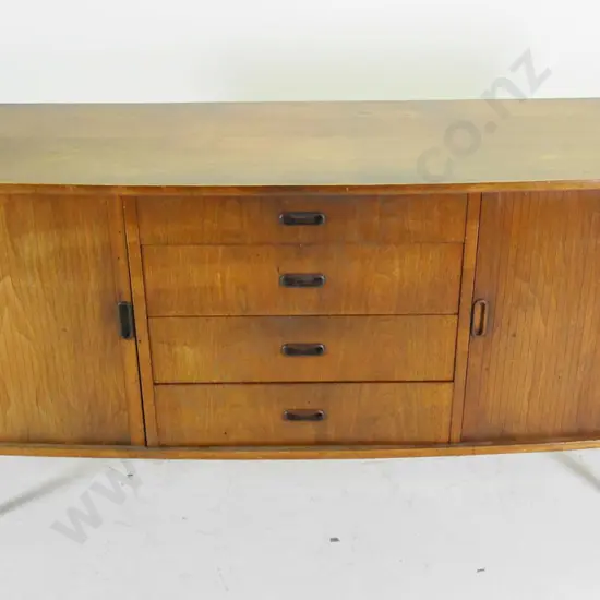 mid-century oak veneer sideboard with 4 drawers, 2 tambour doors, some wear and missing veneer H-790 W-1840 D-460