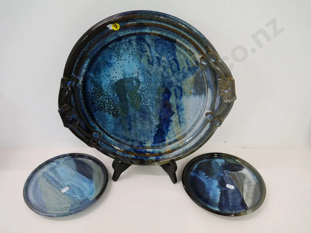 3 pieces studio pottery - unknown marks - handled platter Diameter 355 and 2 plates Image 1++