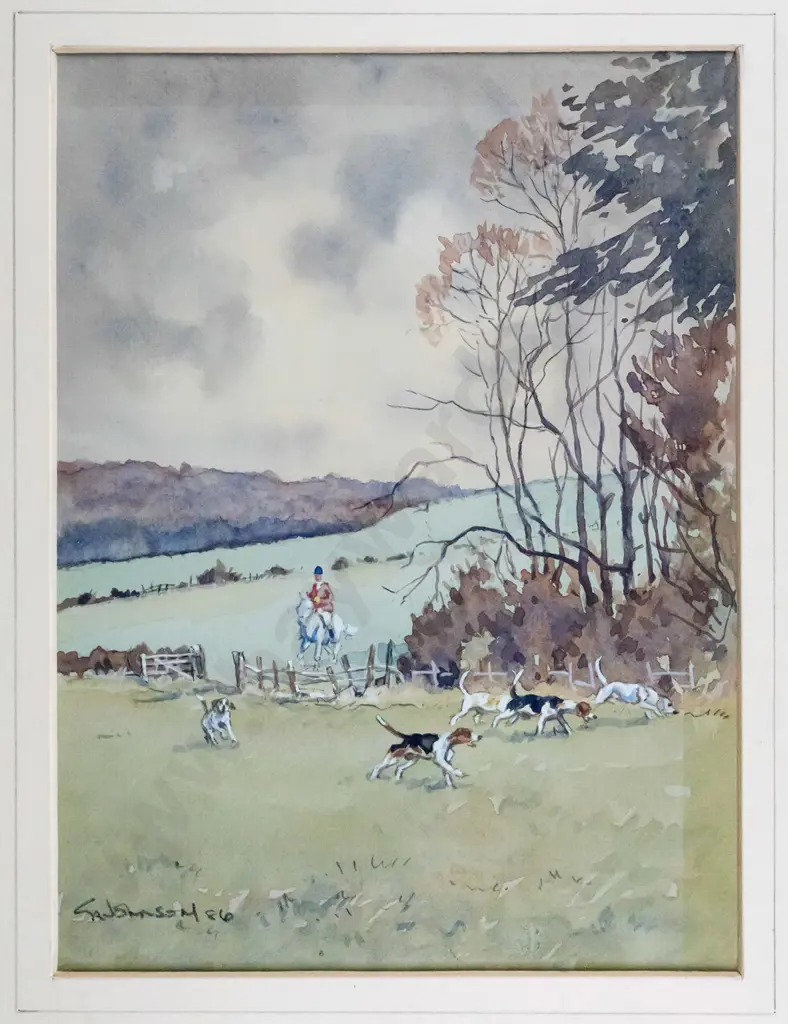 framed watercolour - rider and hounds  H-210 W-160 Image 1++