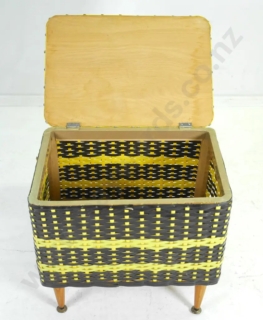 retro storage ottoman with plastic cane body, vinyl covered lid, wood legs H-500 W-510 D-360 Image 1++