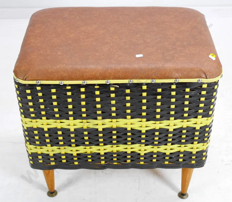 retro storage ottoman with plastic cane body, vinyl covered lid, wood legs H-500 W-510 D-360 Image 1++