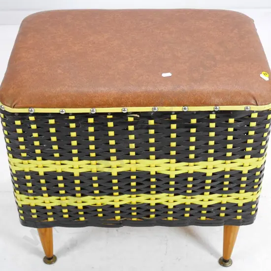 retro storage ottoman with plastic cane body, vinyl covered lid, wood legs H-500 W-510 D-360