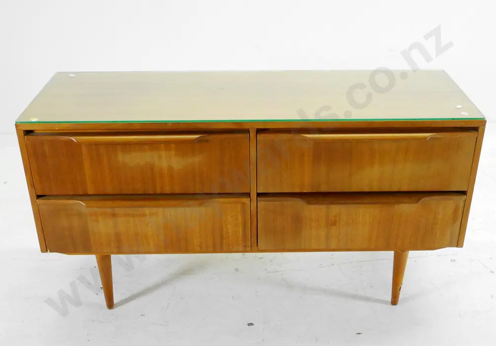 mid-century mahogany veneer & solid 4-drawer lowboy chest, finish needs attention H-610 W-1170 D-430 Image 1++
