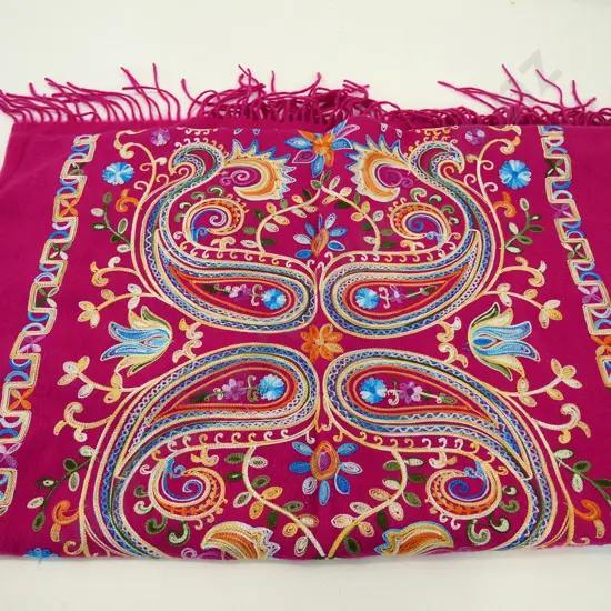 embroidered woolen shawl - multi-colour motif on magenta