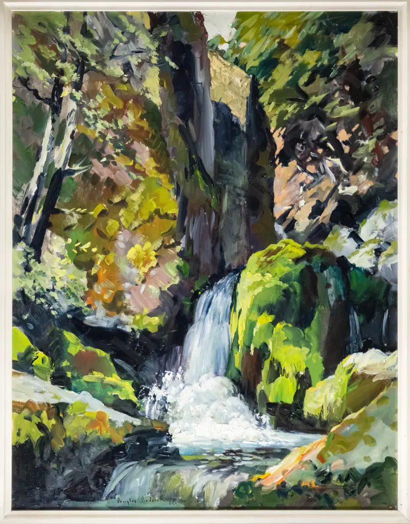Douglas Badcock Jan 59 -framed oil- "Waterfall Wye Valley Remarkables near Queenstown" H-450 W-430 Image 1++