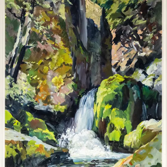 Douglas Badcock Jan 59 -framed oil- "Waterfall Wye Valley Remarkables near Queenstown" H-450 W-430
