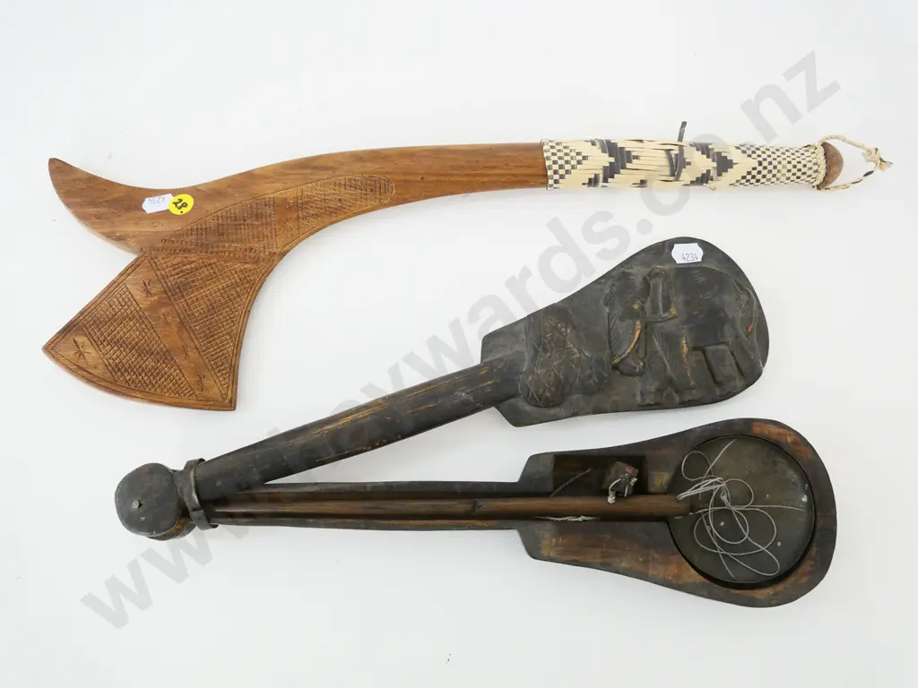 carved wood items - decorative club, woven handle coming loose, L-450 and elephant theme scales, some parts missing? Image 1++